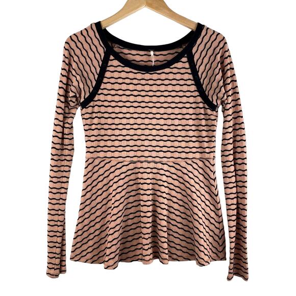 Free People Long Sleeve Peplum Top Womens M Pink Black Striped Pin Up Hourglass - Picture 1 of 11